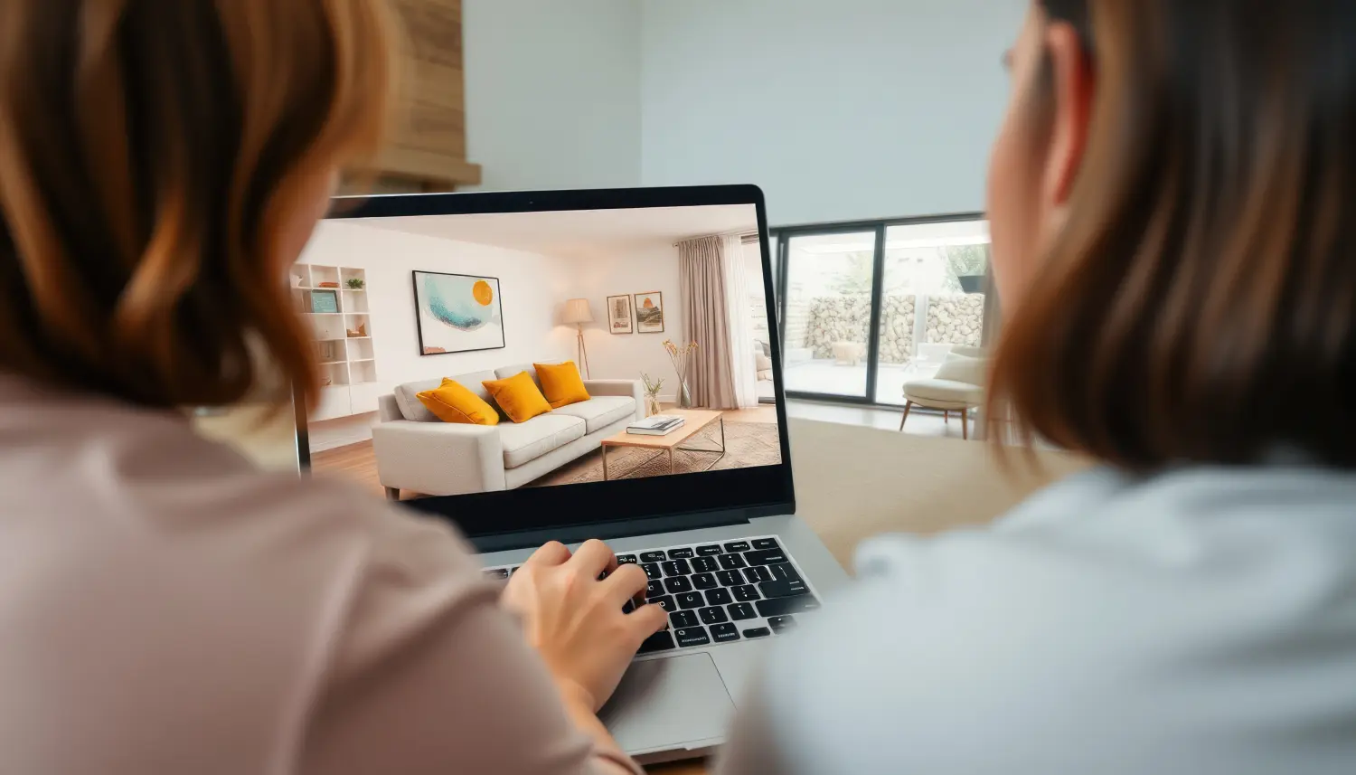 Ein Paar nutzt einen Laptop für virtuelle Immobilienrundgänge.